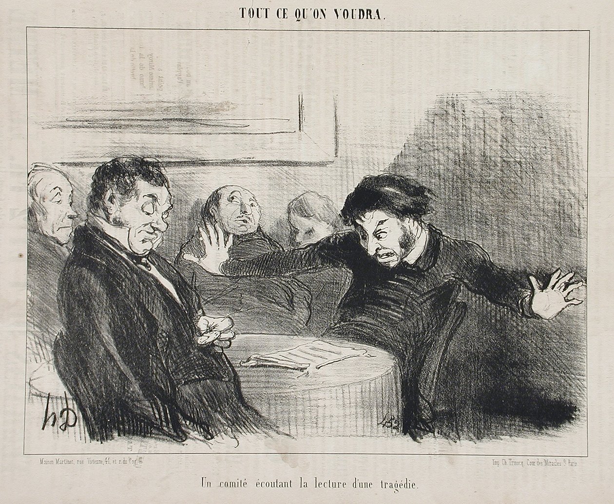Komise poslouchající čtení tragédie od Honoré Daumier