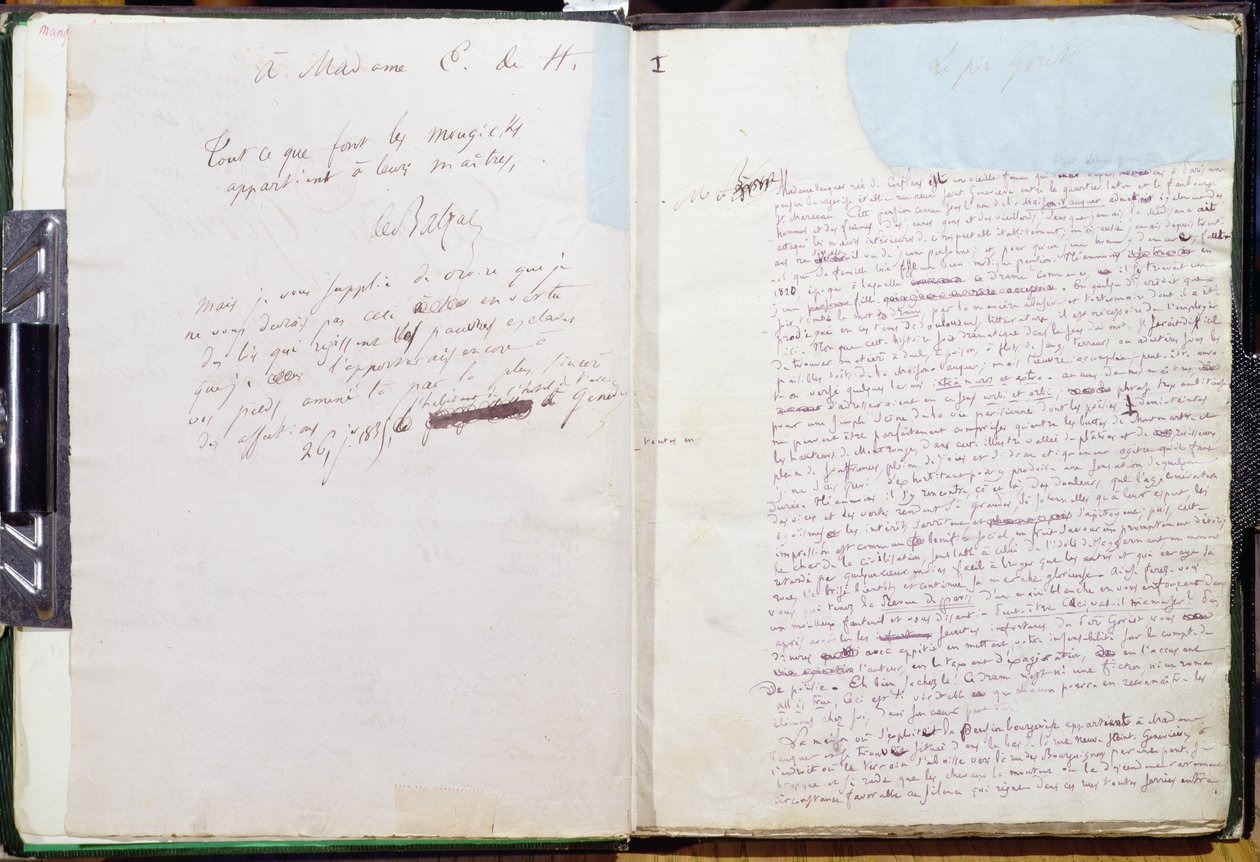 První stránka a věnování madame Hanské z „Le Pere Goriot“ (pero a inkoust na papíře) od Honore de Balzac