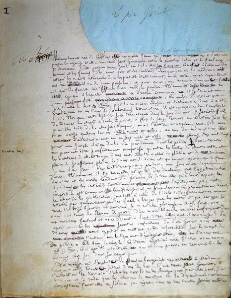 První stránka rukopisu „Le Pere Goriot“ (pero a inkoust na papíře) od Honore de Balzac