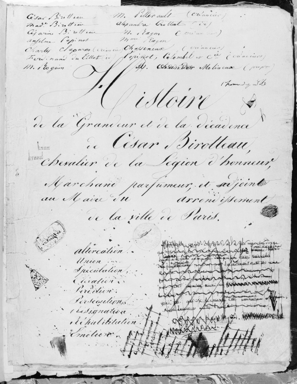 Titulní list knihy "Histoire de la Grandeur et de la Decadence de Cesar Birotteau", 1839 od Honore de Balzac