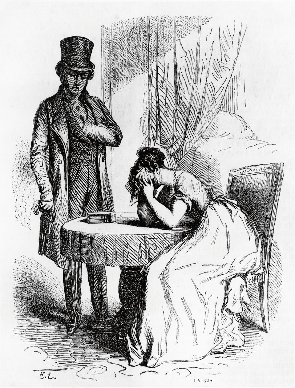 Žena v zoufalství pod pohledem muže, ilustrace z Ferragus od Honore de Balzac (1799-1850), francouzské vydání od Honore de Balzac