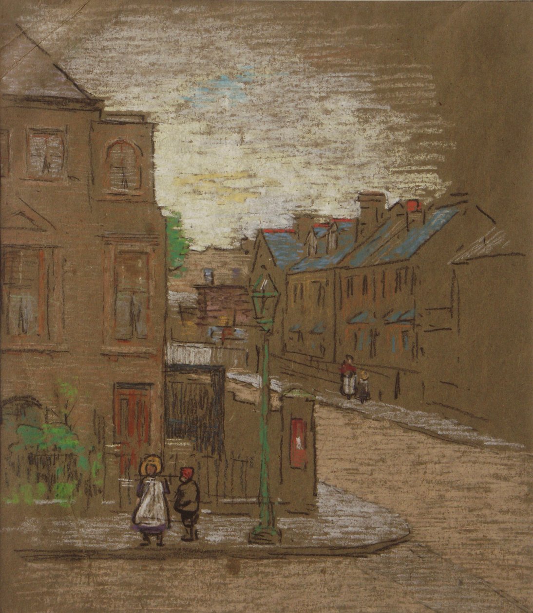 Děti čekající na rohu ulice, cca 1900 (barevná křída na hnědém papíře) od Horace Mann Livens
