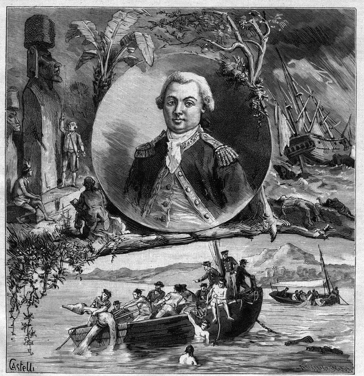 Le Centenaire de La Perouse (Jean Francois de Galaup Laperouse) - Portrét připomínající jeho příchod na Velikonoční ostrov v roce 1786 a nalezení astrolábu Dumontem d