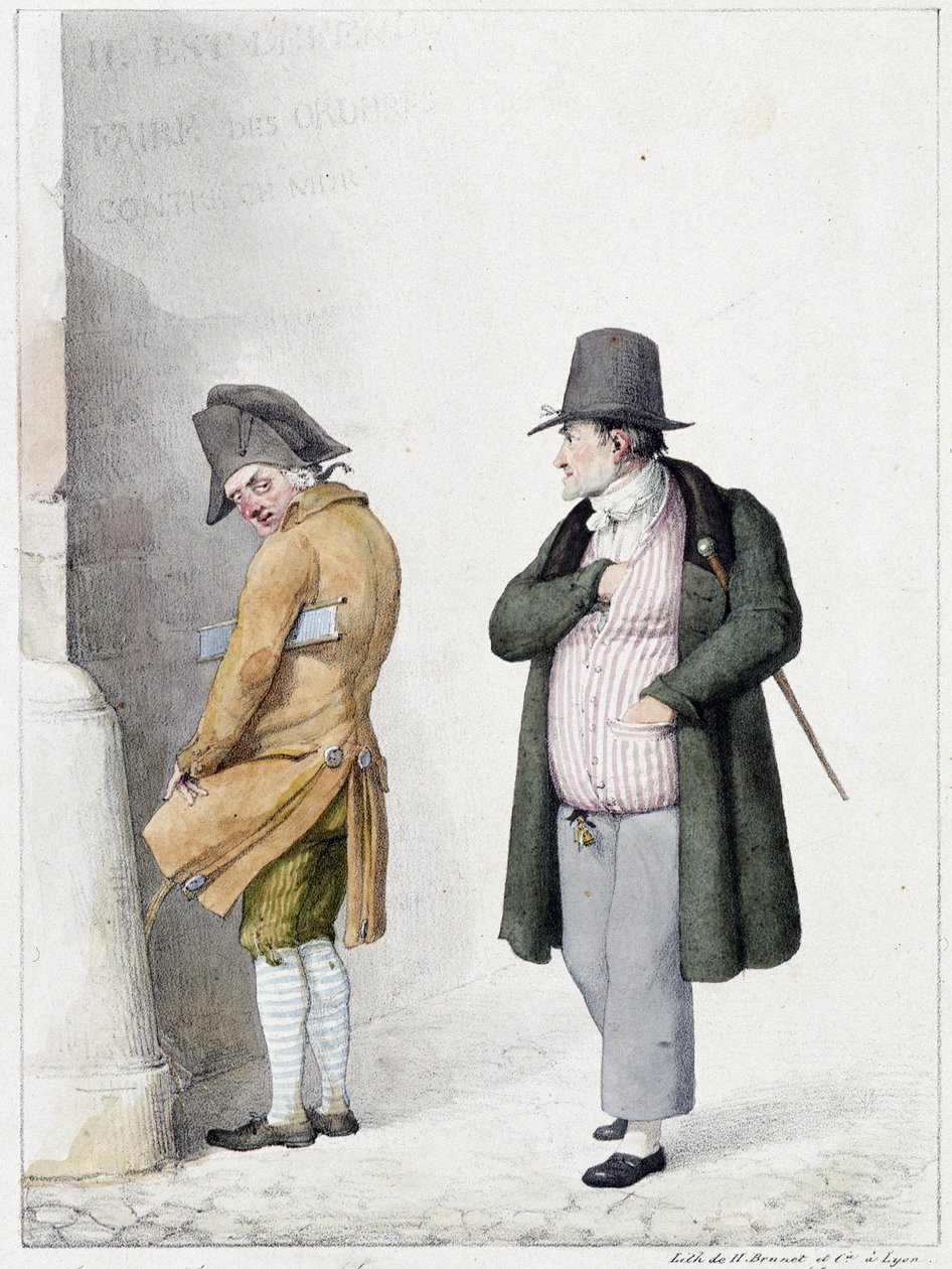 Muž močící na zeď a další kolemjdoucí - litografie od Bruneta od Horace Antoine Brunet