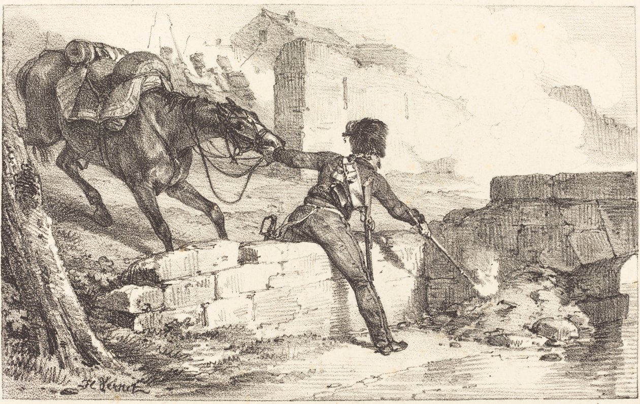 Dělostřelec zapalující minu od Emile Jean Horace Vernet