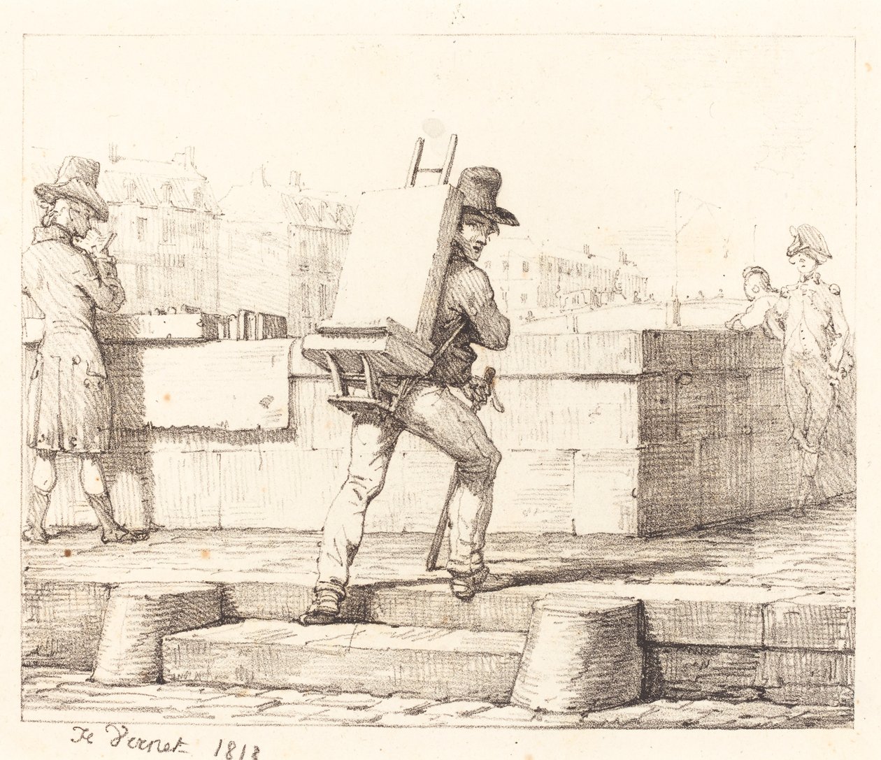 Umělec nesoucí stojan s litografickým kamenem od Emile Jean Horace Vernet