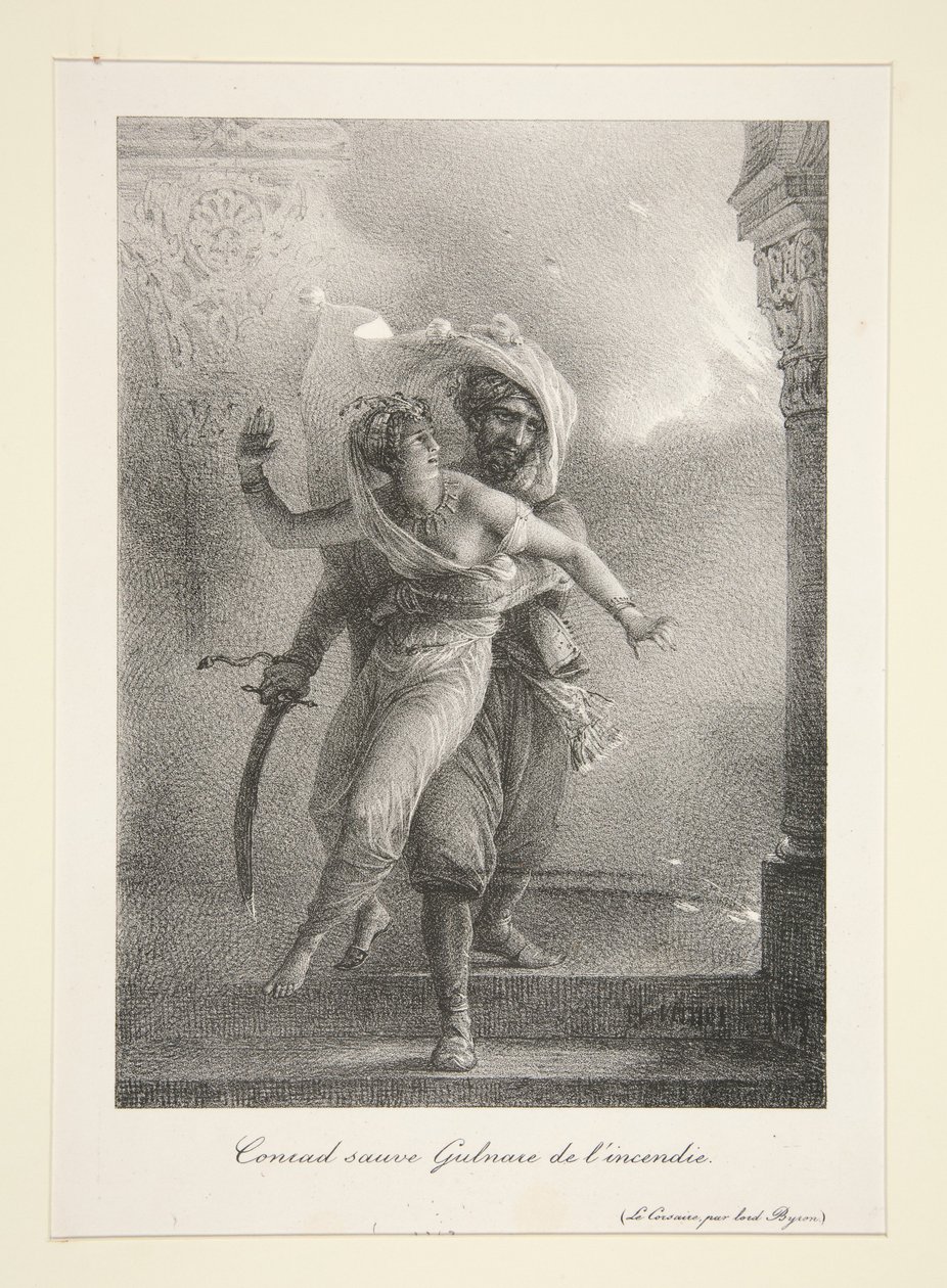 Conrad zachraňuje Gulnare z požáru (Byronův Korzár) od Horace Vernet