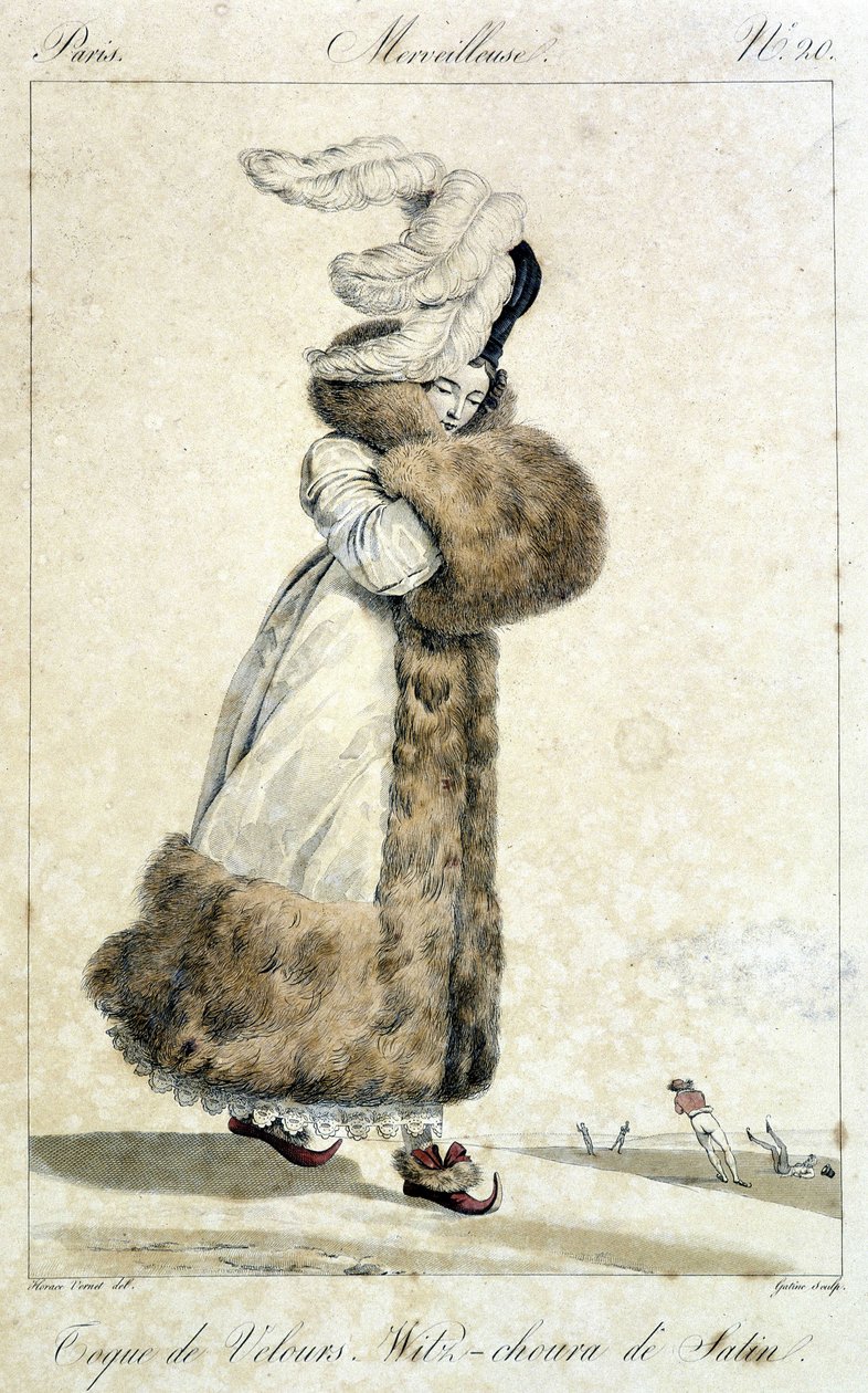 Elegantní žena nosí kabát a sametový klobouk s peřím. Dámská módní ilustrace od Horace Verneta (1789 - 1863) pro číslo 20, kolem roku 1810, „Báječný“. od Emile Jean Horace Vernet
