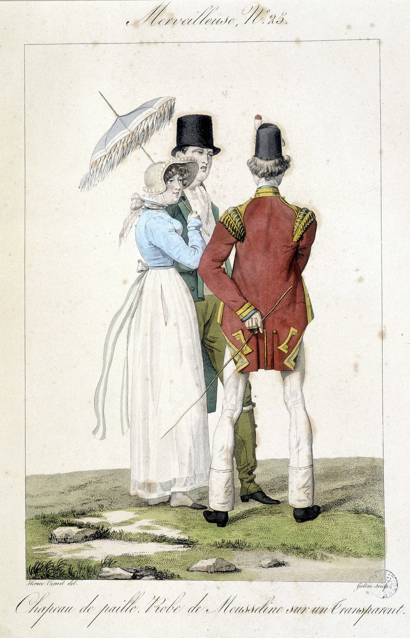 Módní rytina od Horace Verneta (1789 - 1863) vytvořená kolem roku 1810 pro číslo 25 „Marvelous“, představující ženskou módu (slaměný klobouk a šifonové šaty) a mužskou. od Emile Jean Horace Vernet