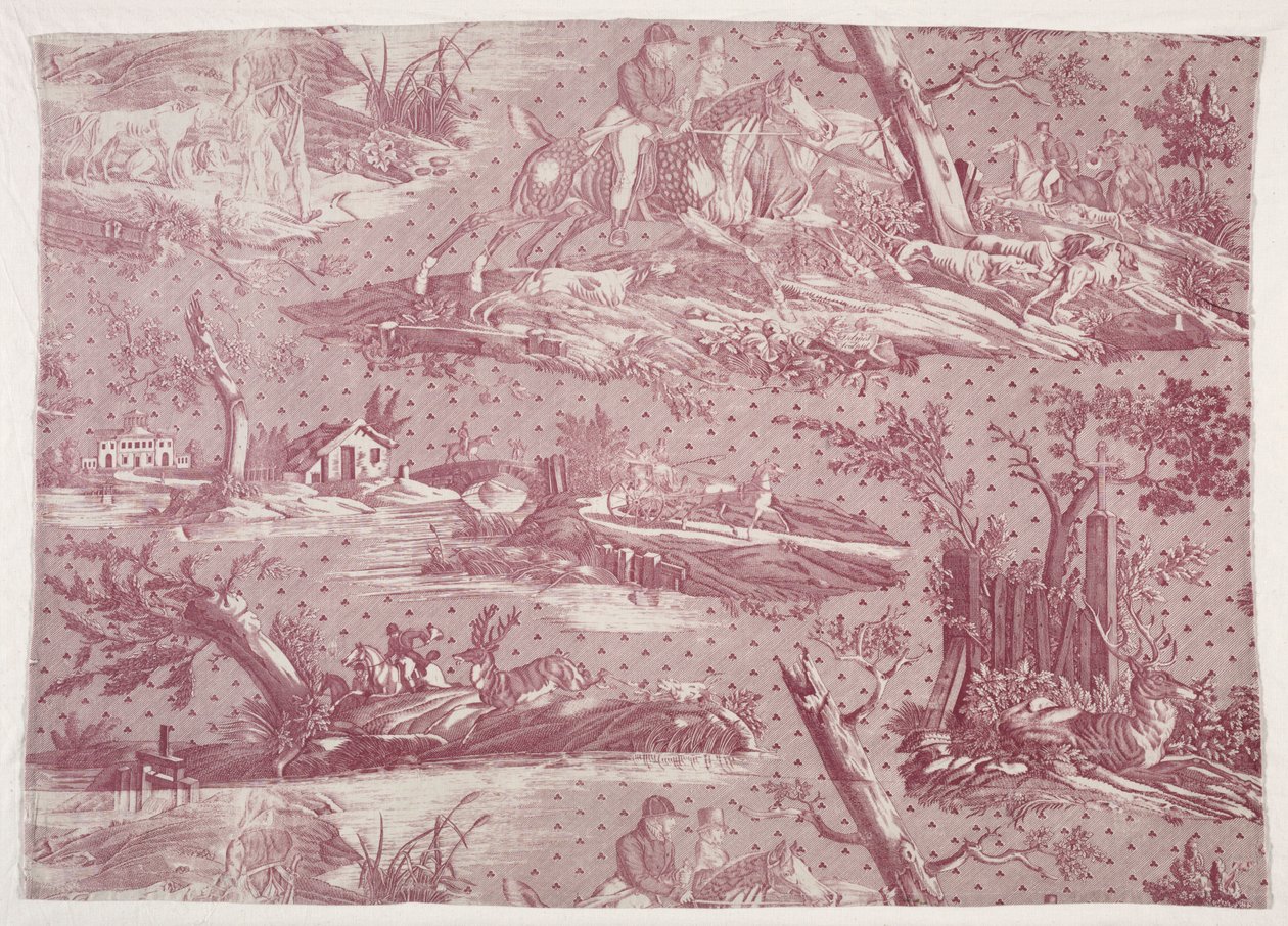 Fragment mědirytinového tisku na bavlně s motivem lovecké scény od Horace Vernet