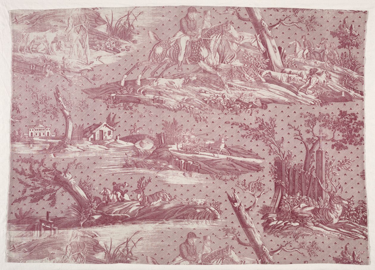 Fragment mědirytiny potištěné bavlny s designem lovecké scény, c. 1815. od Emile Jean Horace Vernet