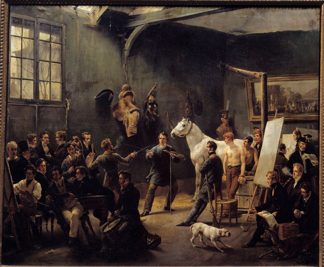 Dílna Horace Verneta v roce 1820. Mnoho učňů cvičí na zvířecích modelech. Obraz Horace Emile Verneta (1789-1863) 1820 Ne. 0,55x0,65m. Kolekce Carnot od Emile Jean Horace Vernet