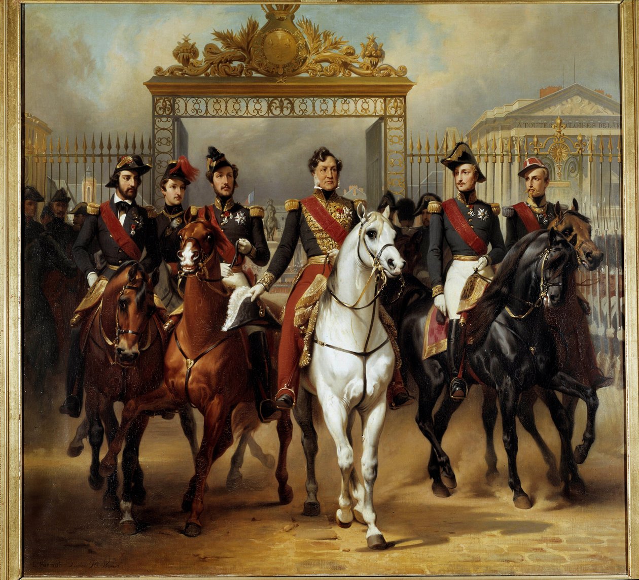 Král Ludvík Filip I. (Louis Philippe) obklopí svých pět synů vycházejících u čestné mříže zámku ve Versailles poté, co prošli vojenskou kontrolou u soudu 6. 10. 1837 Obraz Horace Verneta (1789-1863) 1846 Ne. 3,6x3,9m. - Francouzský král Ludvík od Emile Jean Horace Vernet
