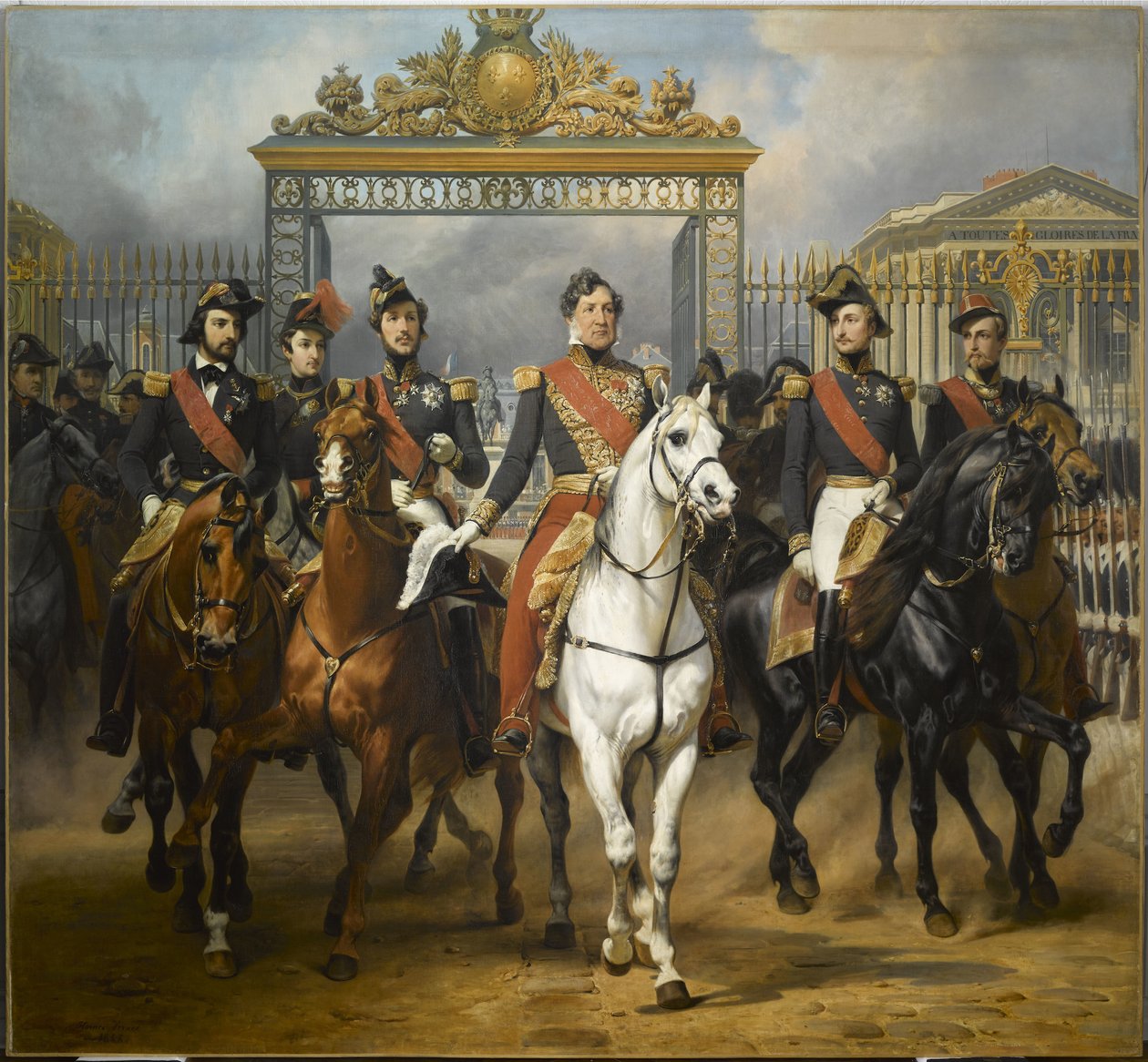 Král Ludvík Filip obklopený svými pěti syny vychází hlavní branou zámku Versailles po vojenské přehlídce na nádvořích, 10. června 1837. od Horace Vernet