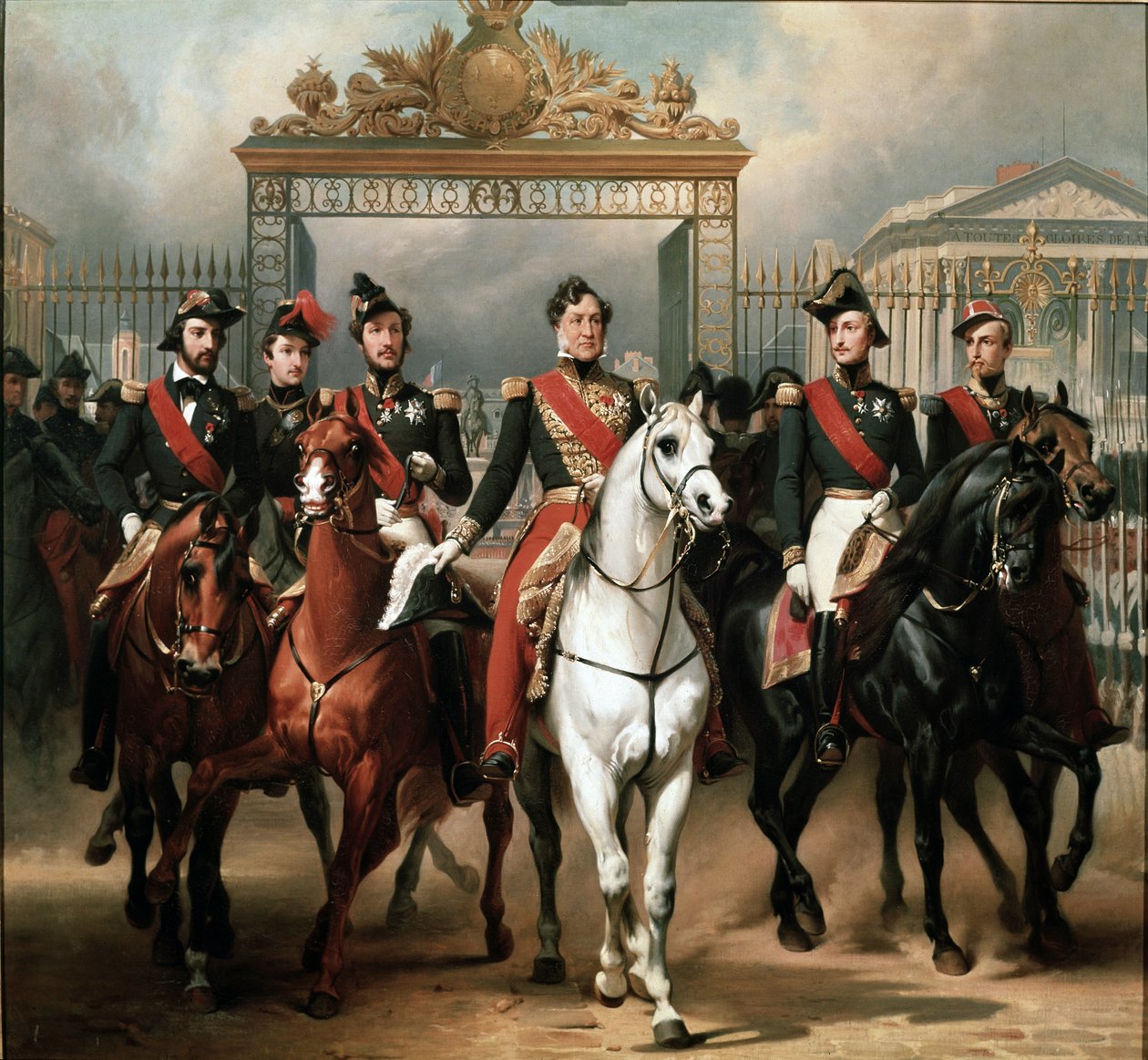Král Louis-Philippe obklopený svými pěti syny odcházející hlavní bránou Versailleského paláce poté, co prošel vojenskou kontrolou na nádvořích od Emile Jean Horace Vernet