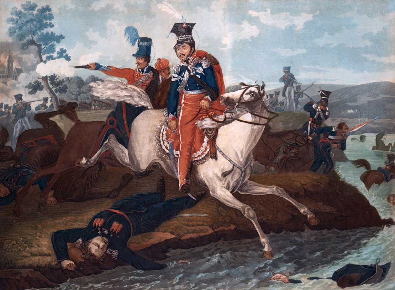 Mort du Prince Jozef Poniatowski (1763-1813)- Smrt prince Jozefa Poniatowského v bitvě u Lipska - Vernet, Horace (1789-1863) - 1820 - Barevná litografie - 40x54,4 - Soukromá sbírka od Emile Jean Horace Vernet