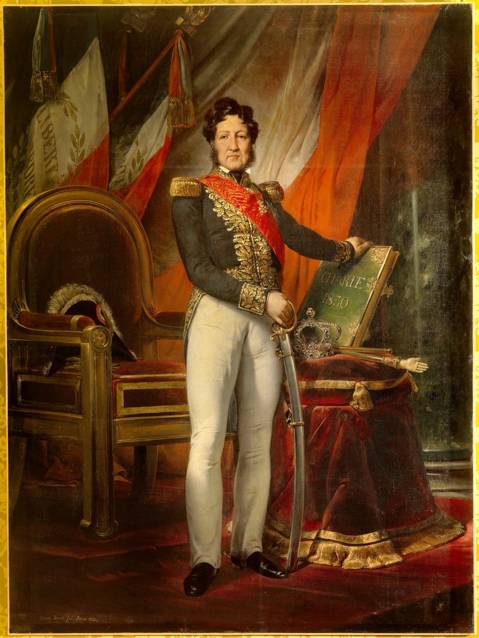 Portrait en pied de Louis Philippe 1er (1773-1850), francouzský král držící listinu z roku 1830. Tříbarevné vlajky za králem nesou motto „Liberte Egalite Fraternite“. Obraz Emile Jean Horace Vernet (1789-1863) od Emile Jean Horace Vernet