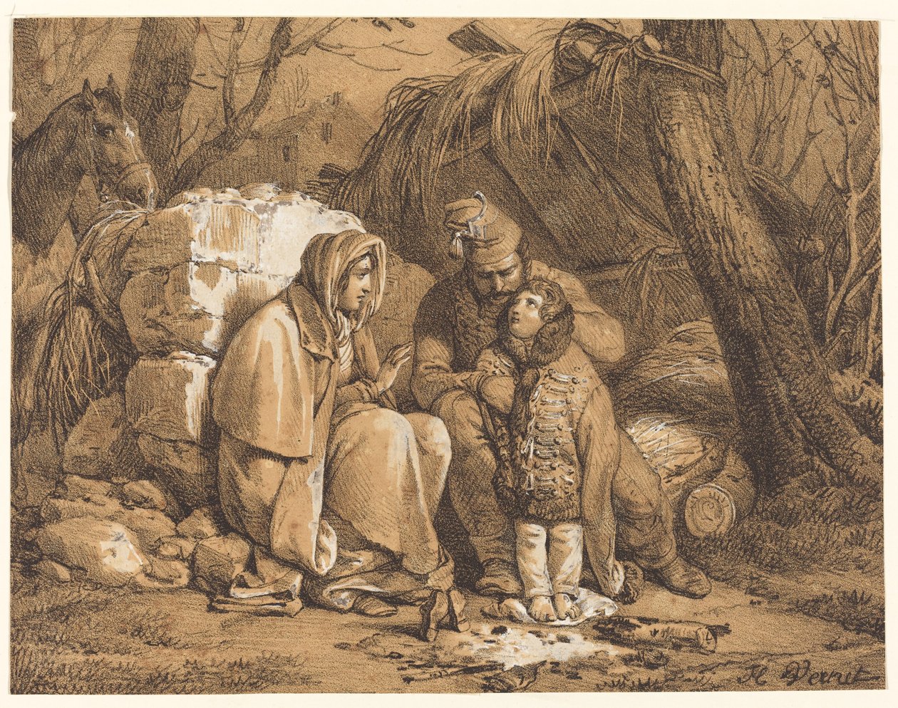Utábořená rodina vojáka od Emile Jean Horace Vernet