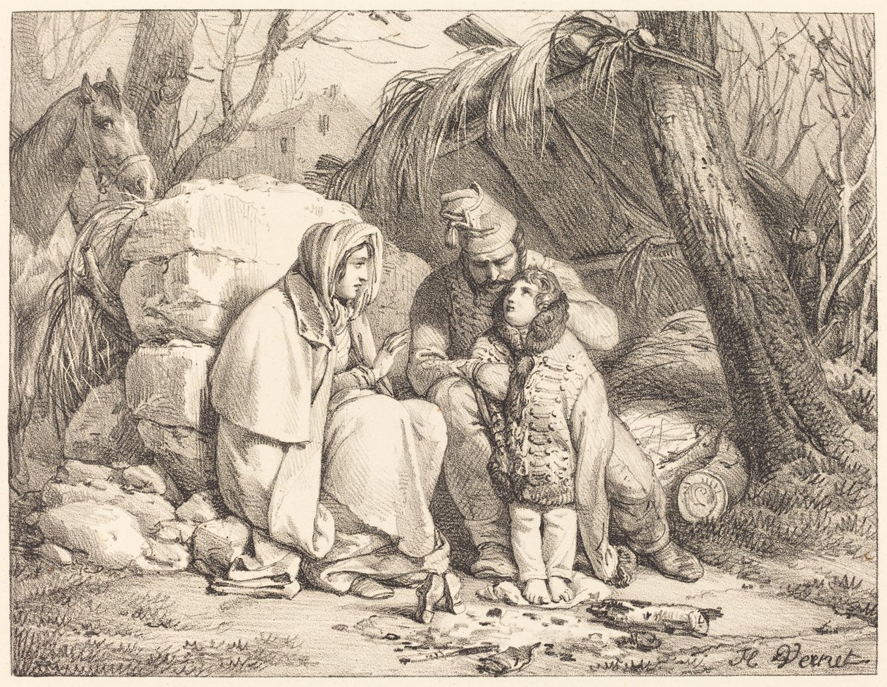 Utábořená rodina vojáka od Emile Jean Horace Vernet