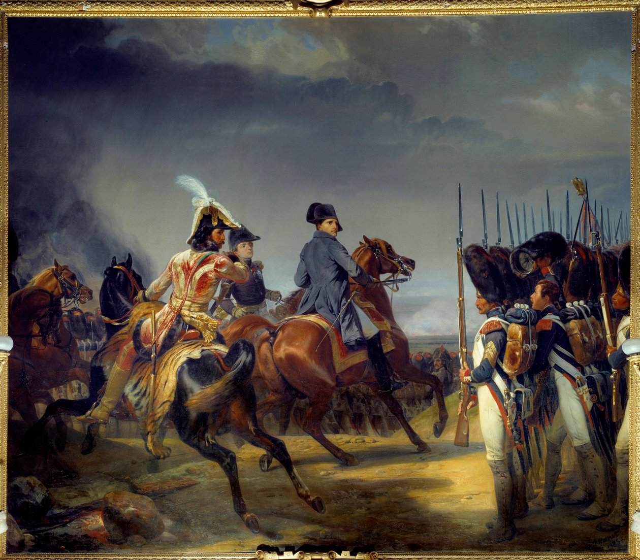 Bitva u Ieny 14. 10. 1806, císař Napoleon I. (1769-1821), Joachim Murat a Louis Alexandre (Louis-Alexandre) Berthier absolvují strážní recenzi Obraz Emile dit Horace Vernet (1789-1863) 1836 Dim 4, 65x5,43m od Emile Jean Horace Vernet