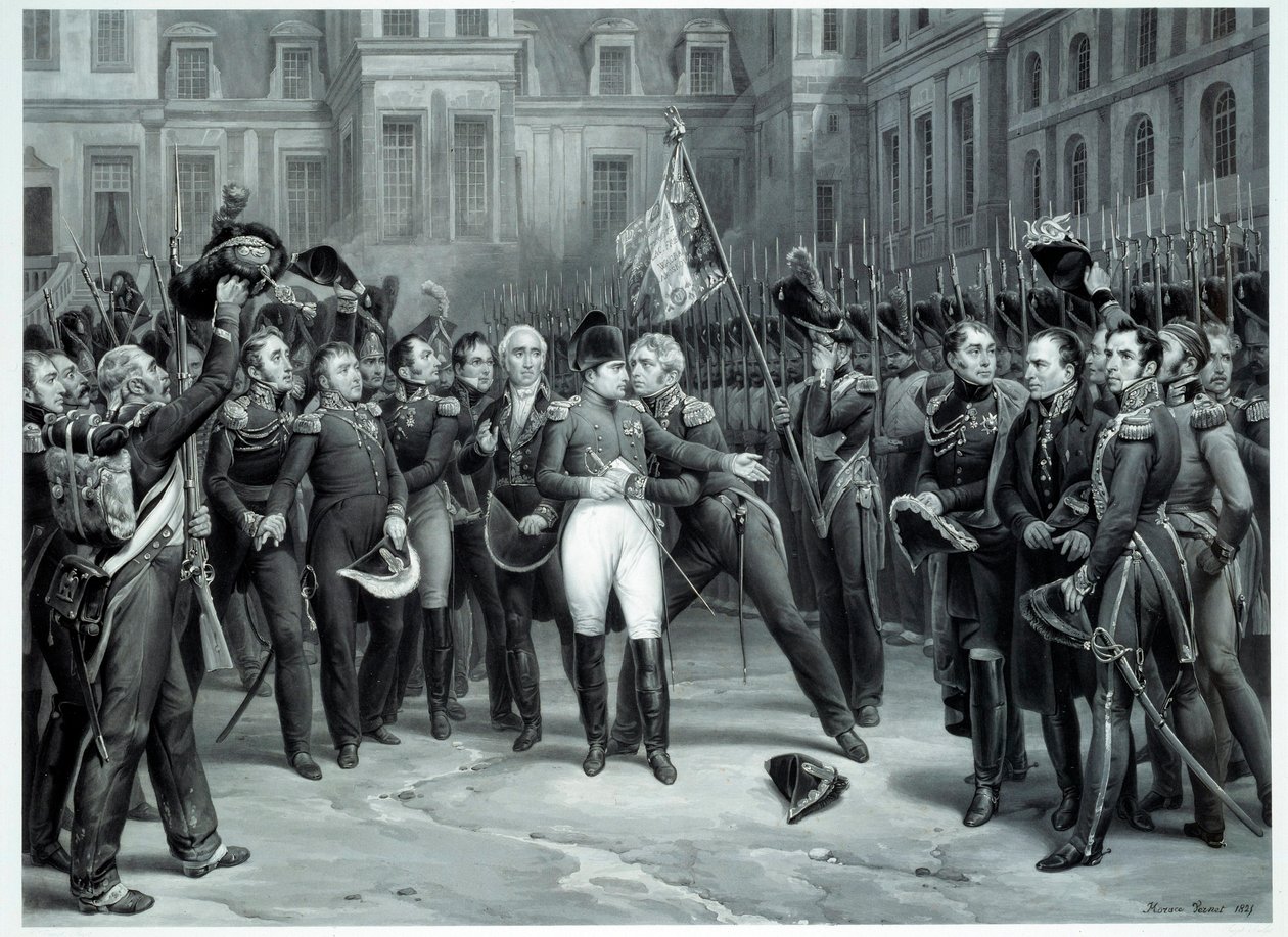Rozloučení Napoleona Bonaparta (1769-1821) s císařskou stráží na nádvoří Cheval Blanc ve Fontainebleau 20. 4. 1814 Rytina Emile Vernet dit Horace Vernet (1789-1863) 1814 Paříž, B.N. od Emile Jean Horace Vernet