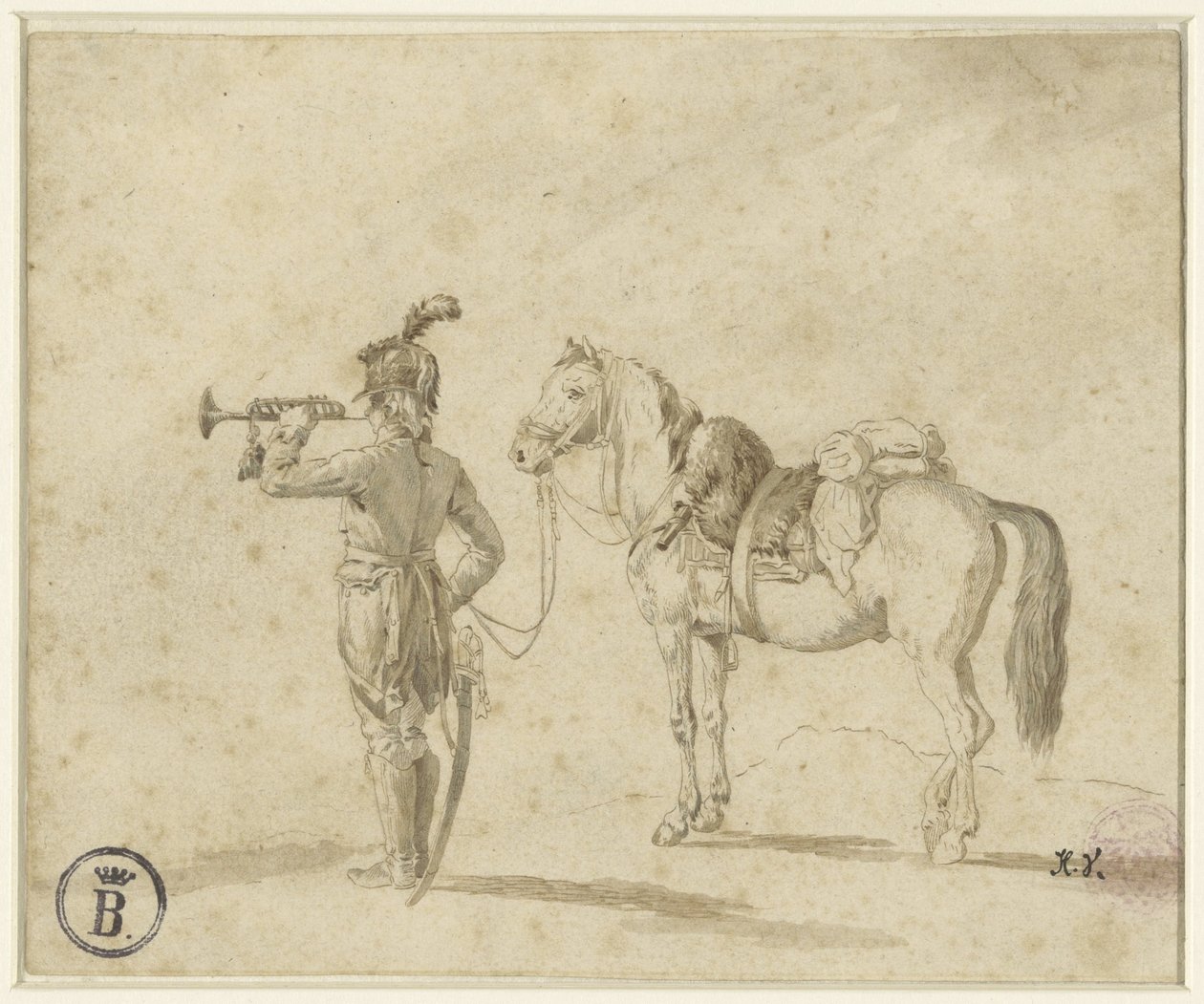 Trumpetista vedle koně od Emile Jean Horace Vernet