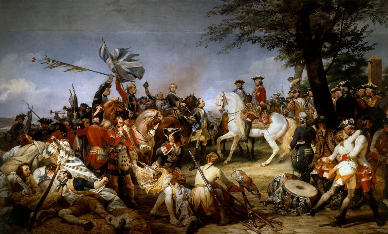 Válka o dědictví Rakouska (1740-1748): „“ Bitva u Fontenoy 11/05/1745; marechal Saský daroval Ludvíku XV. zajatce a anglické vlajky””” Obraz Emila Horace Verneta (1789-1863) 1828 Ne. 5,1x9,75m od Emile Jean Horace Vernet