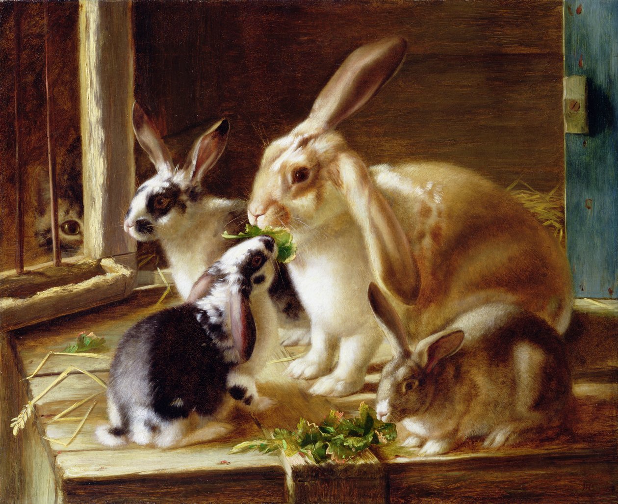 Dlouhouší králíci v kleci, sledováni kočkou od Horatio Henry Couldery