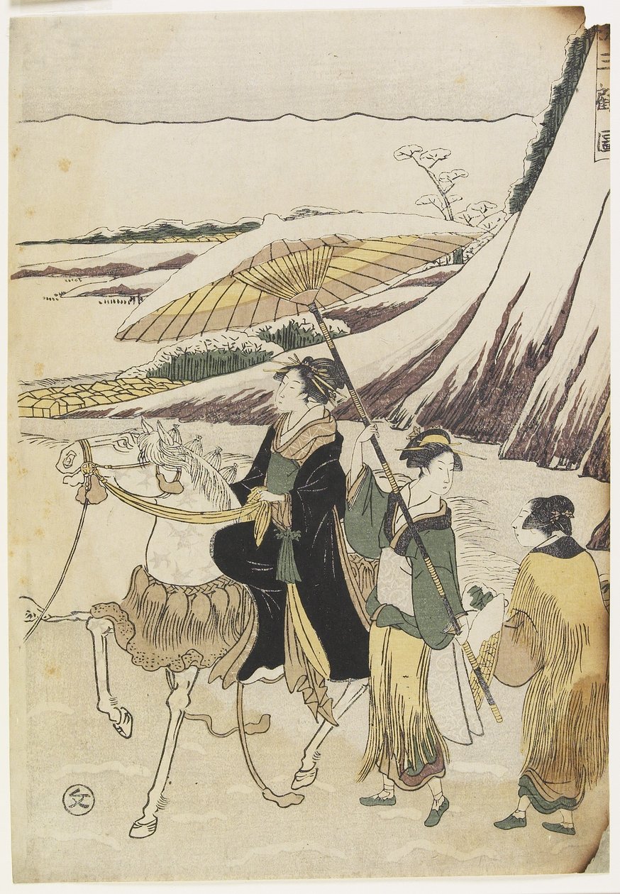 Tři ženy putující roklí, 1794-96 (barevný dřevořez) od Hosoda Eiri