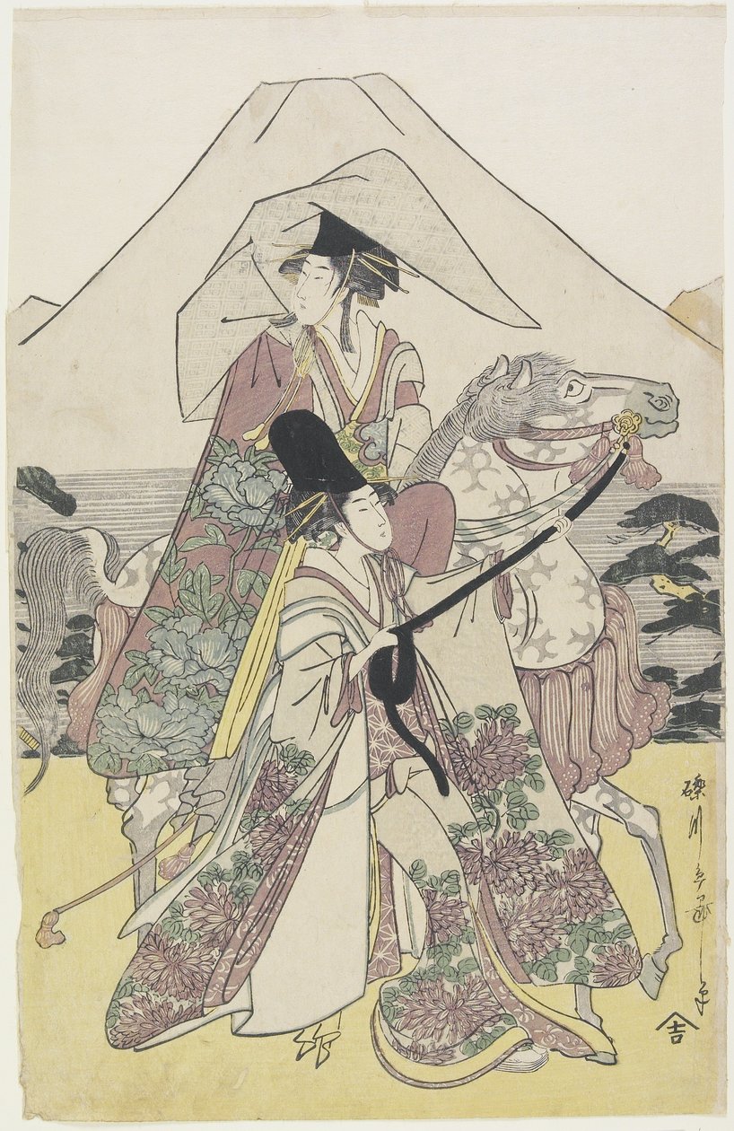 Dvě ženy cestující na koni na úpatí hory Fuji, cca 1790 (barevný dřevořez) od Hosoda Eiri