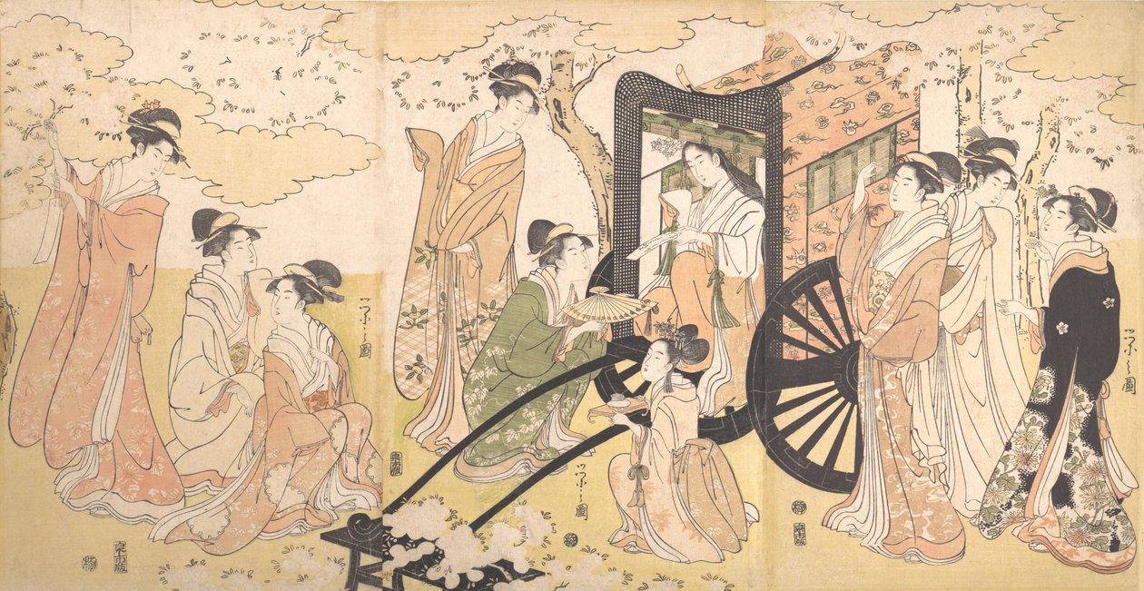 Výlet za třešní vznešenou dámou a doprovodem, ca. 1797. od Hosoda Eishi