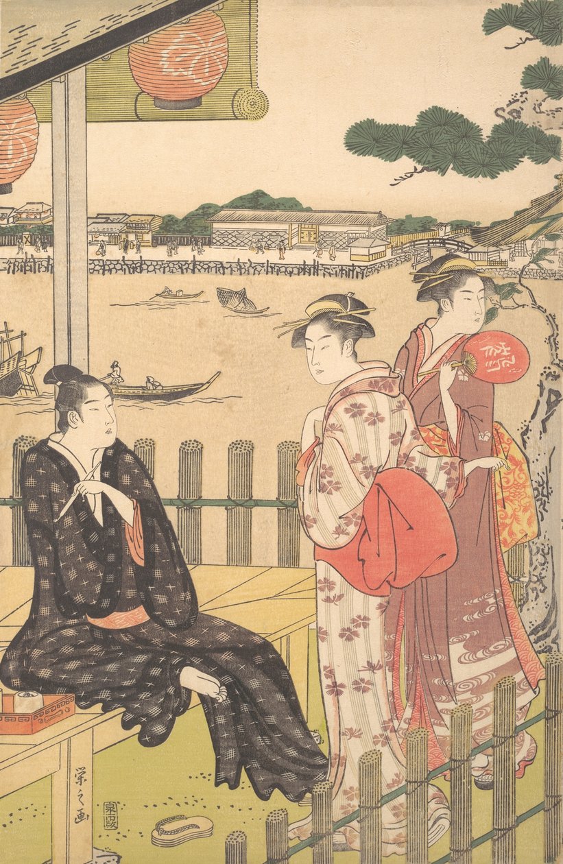 Skupina v čajovně na břehu řeky Sumida, ca. 1790. od Hosoda Eishi