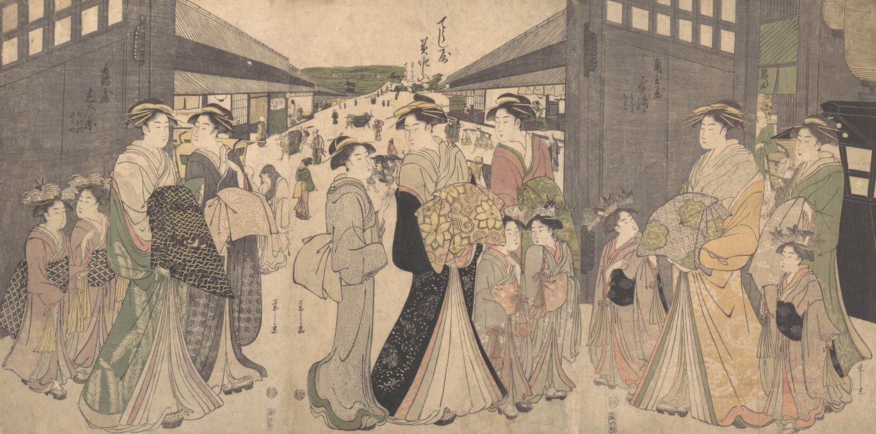 Oiran a Attendants u O Mon nebo Velké brány Yoshiwara, ca. 1794. od Hosoda Eishi