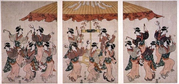 Tanec Sumijoši, triptych, kolem 1791 (barevný dřevotisk) od Hosoda Eishi