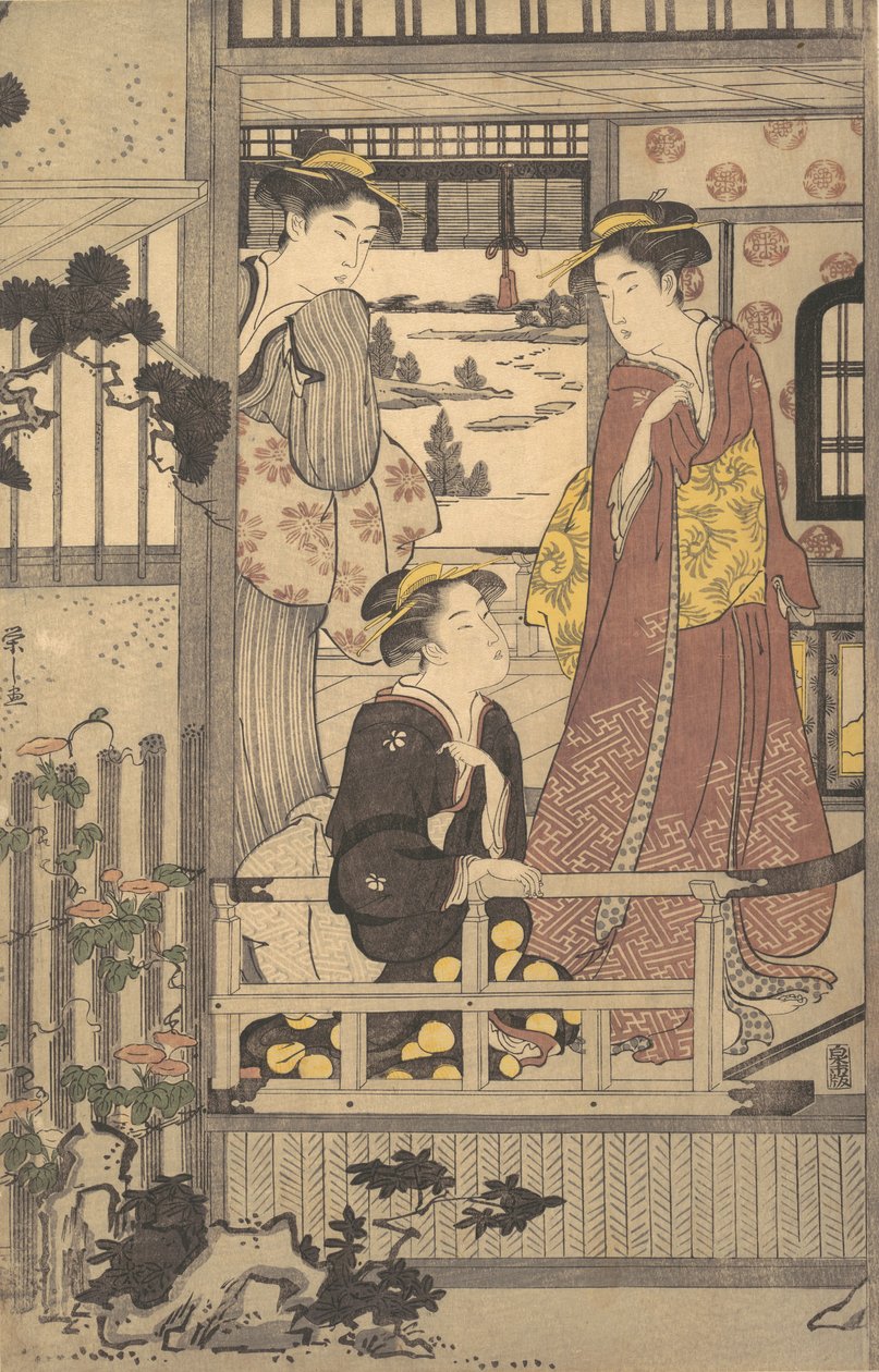 Tři ženy na verandě, 1756-1829. od Hosoda Eishi