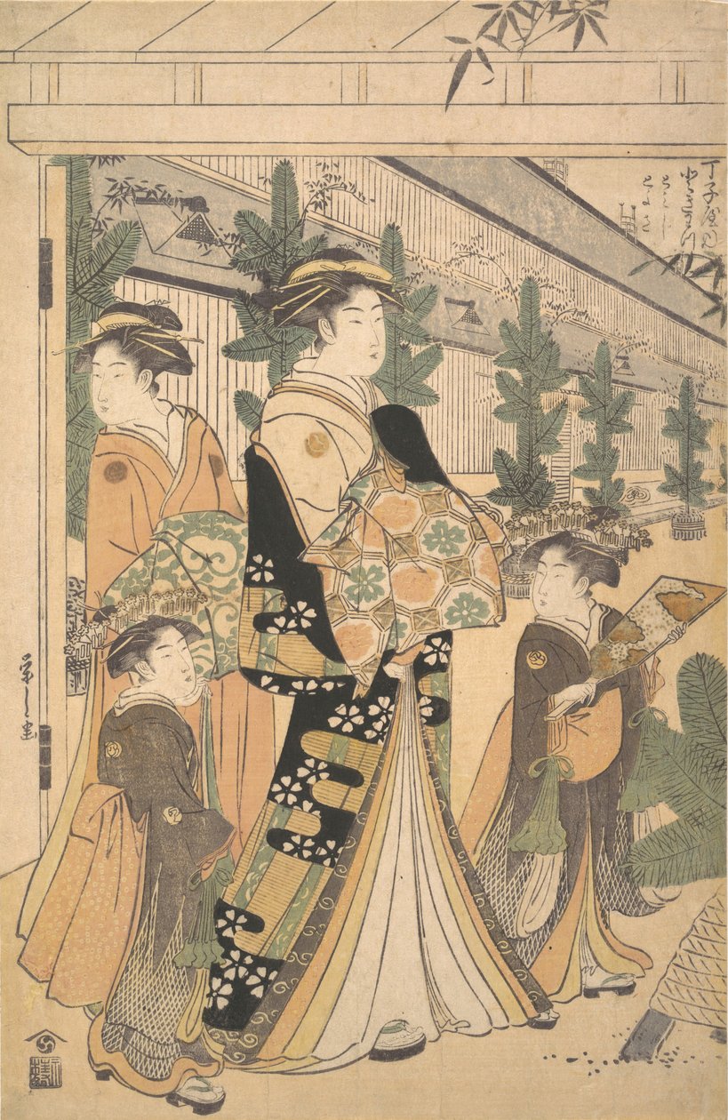 Dva Oiran se dvěma ženskými průvodkyněmi v Yoshiwara. od Hosoda Eishi