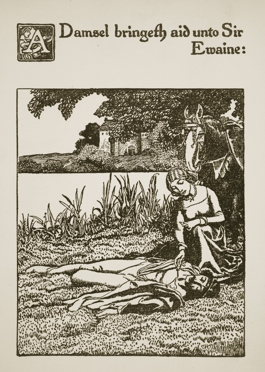 Dívka přináší pomoc siru Ewainovi, ilustrace z „Příběhu sira Launcelota a jeho společníků“, 1907 od Howard Pyle