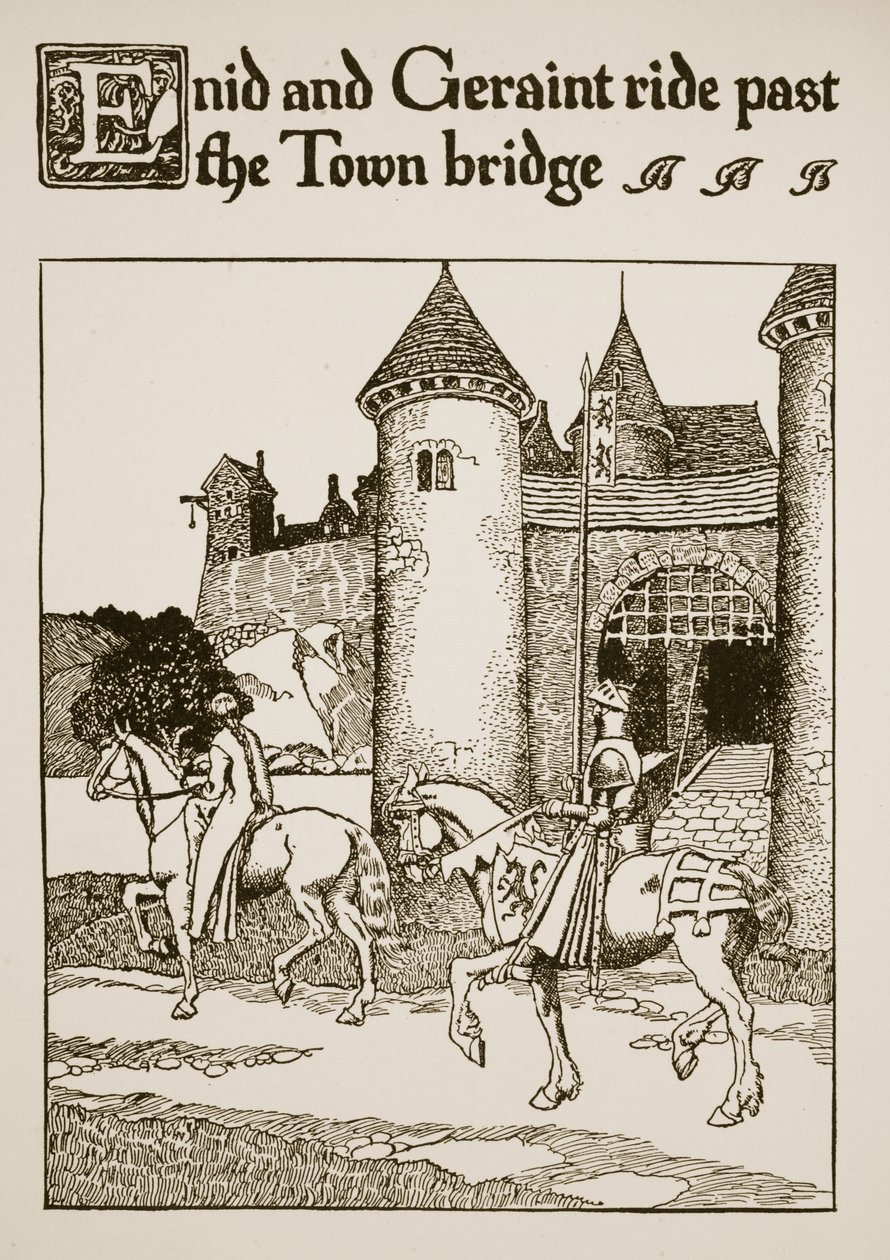 Enid a Geraint projíždějí kolem Městského mostu, ilustrace z „Příběhu Grálu a Artušova míjení“, kolem roku 1910 od Howard Pyle