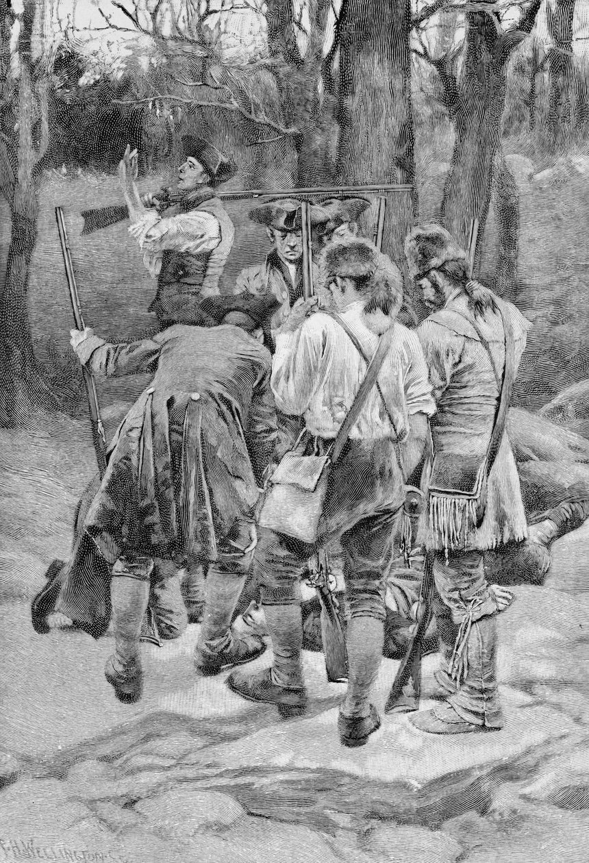 Hledání těla jednoho z jejich společníků, skalpovaného a strašně zmrzačeného, vyryto F.H. Wellingtonem, ilustrace z 