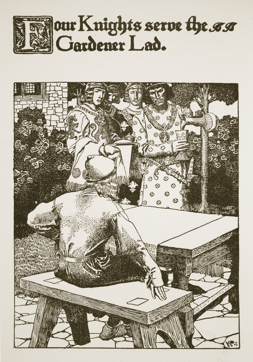 Čtyři rytíři slouží zahradníkovi, ilustrace z „Příběhu krále Artuše a jeho rytířů“, 1903 od Howard Pyle