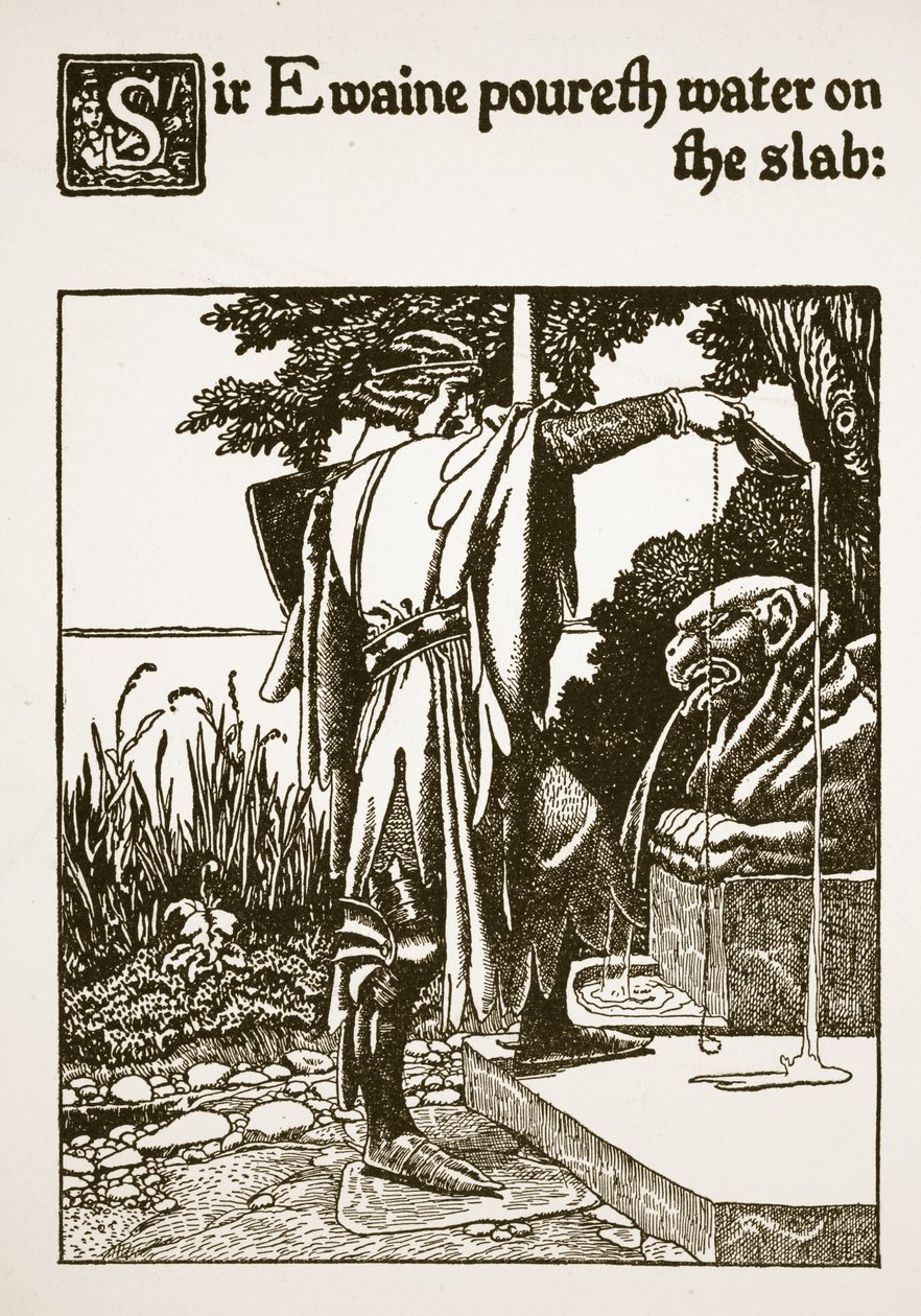 Sir Ewaine leje vodu na desku, ilustrace z „Příběhu sira Launcelota a jeho společníků“, 1907 od Howard Pyle