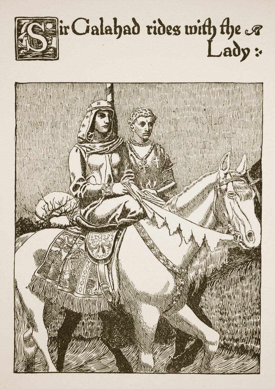 Sir Galahad na koni s dámou, ilustrace z knihy "Příběh o grálu a Artušově odchodu", cca 1910 od Howard Pyle