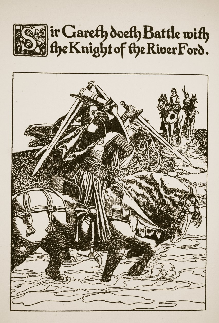 Sir Gareth svádí bitvu s rytířem říčního Forda, ilustrace z „Příběhu sira Launcelota a jeho společníků“, 1907 od Howard Pyle
