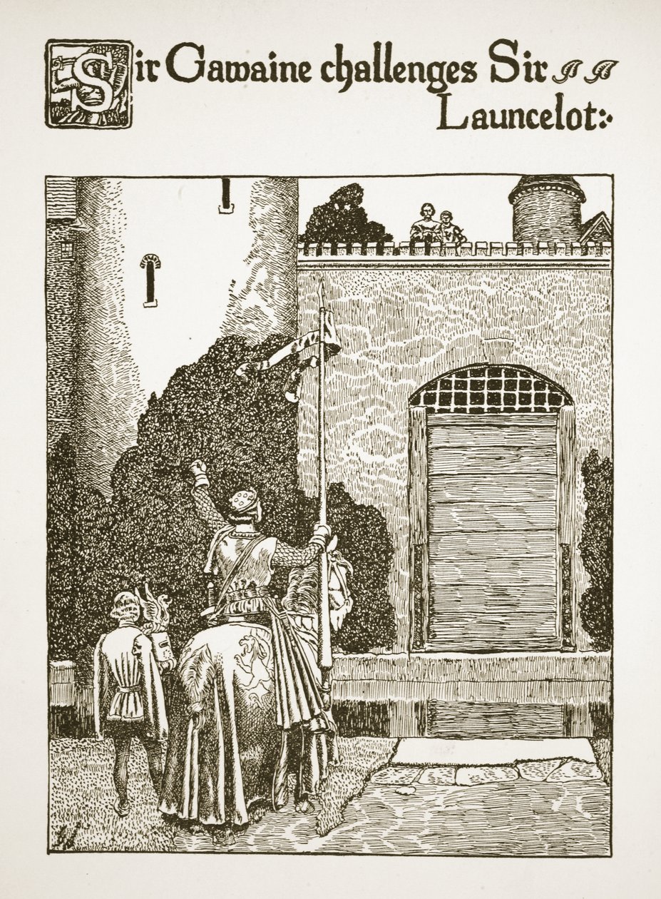 Sir Gawaine vyzývá sira Launcelota, ilustrace z „Příběhu grálu a Artušova míjení“, kolem roku 1910 od Howard Pyle