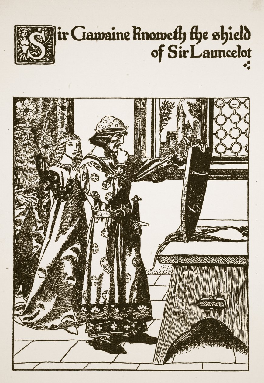 Sir Gawaine zná štít sira Launcelota, ilustrace z „Příběhu sira Launcelota a jeho společníků“, 1907 od Howard Pyle