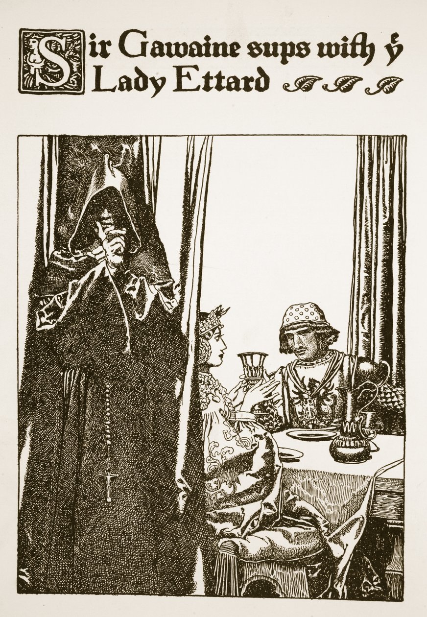 Sir Gawaine večeřel s vámi lady Ettardovou, ilustrace z „Příběhu krále Artuše a jeho rytířů“, 1903 od Howard Pyle