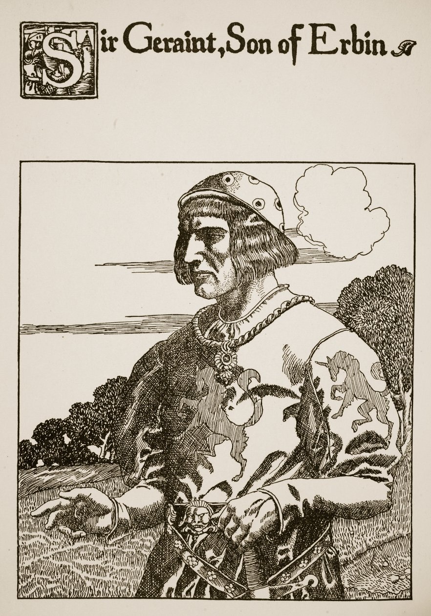 Sir Geraint, syn Erbin, ilustrace z „Příběhu o grálu a smrti Artuše“, kolem roku 1910 od Howard Pyle