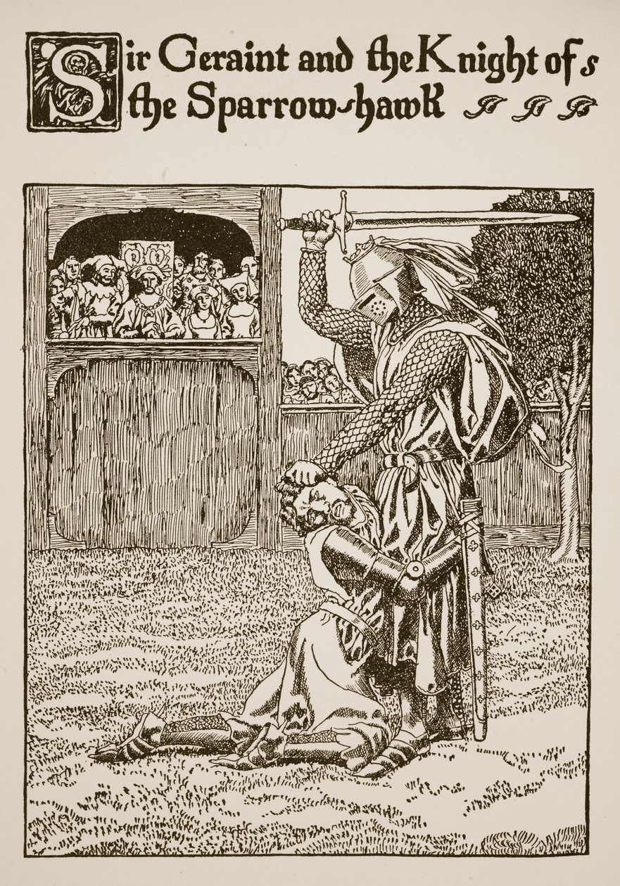 Sir Geraint a rytíř vrabčího jestřába, ilustrace z „Příběhu o grálu a smrti Artuše“, kolem roku 1910 od Howard Pyle