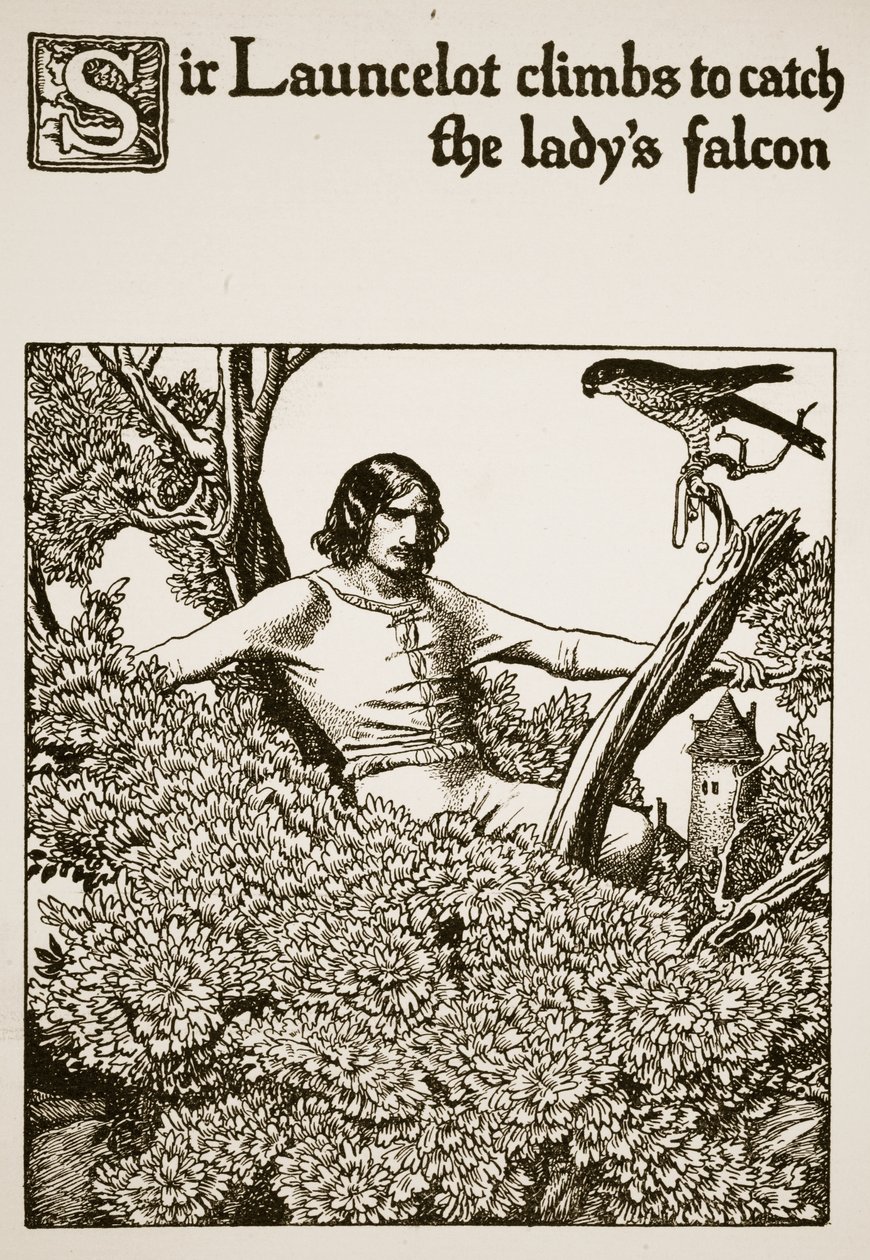 Sir Launcelot šplhá, aby chytil sokola dámy, ilustrace z „Příběhu šampionů kulatého stolu“ od Howard Pyle