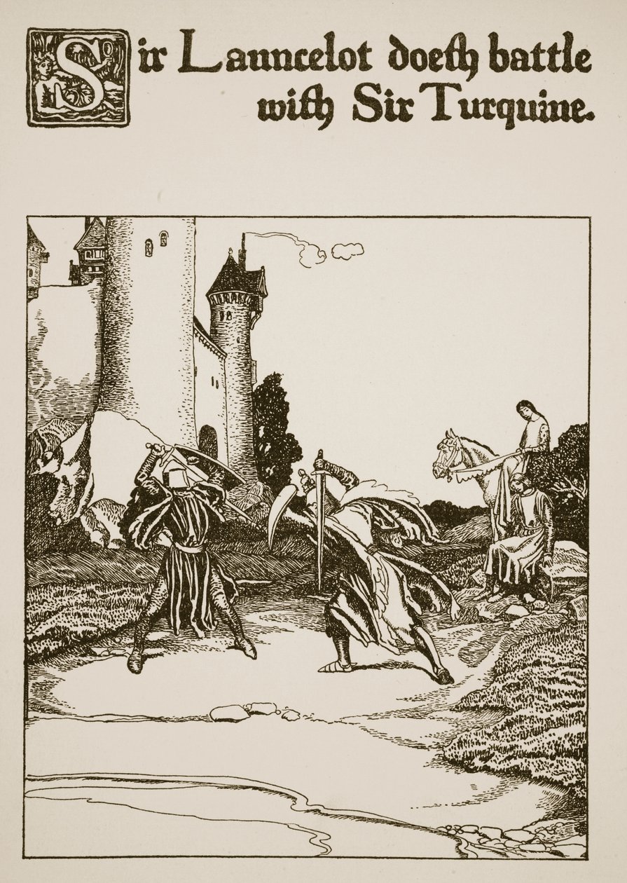 Sir Launcelot bojuje se sirem Turquinem, ilustrace z „Příběhu šampionů kulatého stolu“ od Howard Pyle